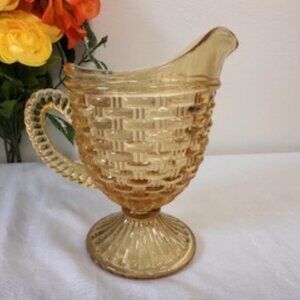 Vintage Imperial Yellow Basket Weave Glass Pitcher – Pedestal Footed Swirl Handl